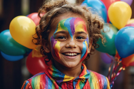 AI Generative Happy Children's Day Card copy space with Text and child on the Background of Colorful Balloonsの素材