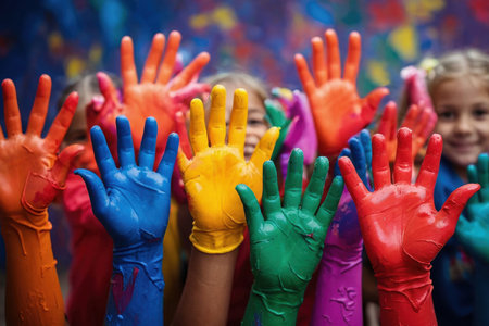 AI Generative Happy Children's Day Card copy space with Text and Child hand in colored paint on Backgroundの素材