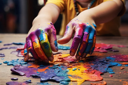 AI Generative Happy Children's Day Card copy space with Text and Child hand in colored paint on Backgroundの素材