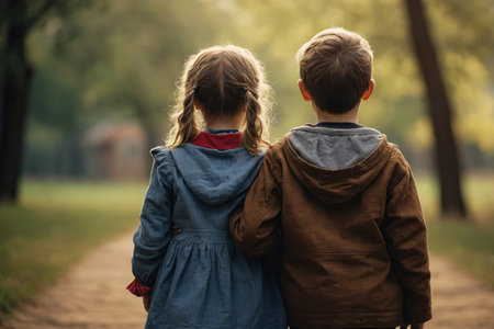 AI Generative Happy Children's Day Card copy space Text Child boy and girl on Background park sunsetの素材