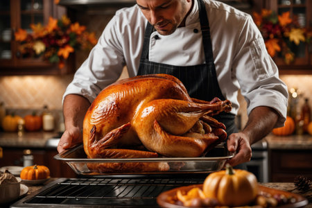 AI Generative Man chef cooks food oven roast turkey for Thanksgiving in decorated kitchen homeの素材