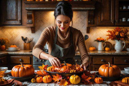 AI Generative Woman chef cooks food oven roast turkey for Thanksgiving in decorated kitchen homeの素材