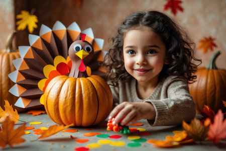 AI Generative Little girl making turkey craft from yellow leaves and orange squash for Thanksgivingの素材