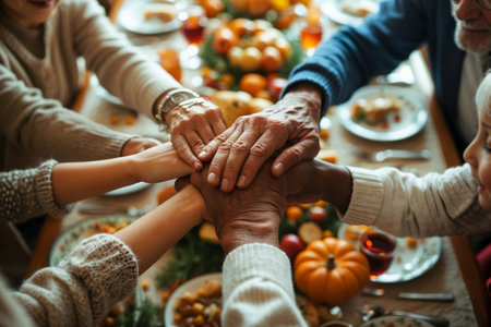 AI Generative Family dinner at decorated table with pumpkins and roasted turkey on Thanksgiving, people holding handsの素材