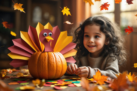 AI Generative Little girl making turkey craft from yellow leaves and orange squash for Thanksgivingの素材