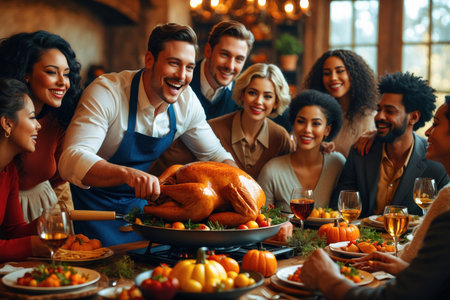 AI Generative Large family people men and women sitting at festive decorated table for thanksgivingの素材