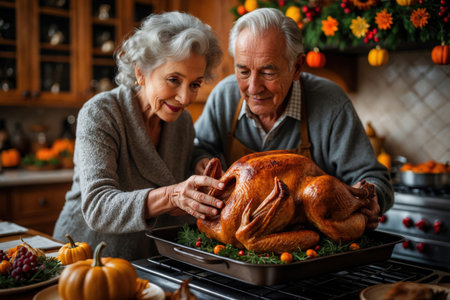 AI Generative Old couple chef cooks food oven roast turkey for Thanksgiving in decorated kitchen homeの素材