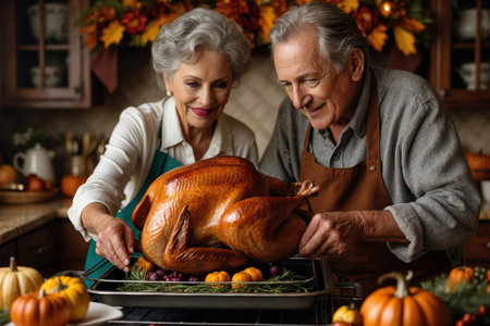 AI Generative Old couple chef cooks food oven roast turkey for Thanksgiving in decorated kitchen homeの素材