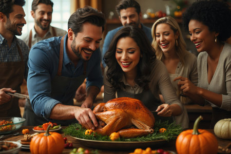 AI Generative Large family people men and women sitting at festive decorated table for thanksgivingの素材