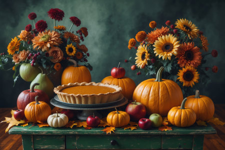 AI Generative Pumpkin cinnamon pie dessert on decorated table with orange Thanksgiving pumpkinsの素材