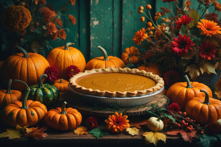AI Generative Pumpkin cinnamon pie dessert on decorated table with orange Thanksgiving pumpkinsの素材