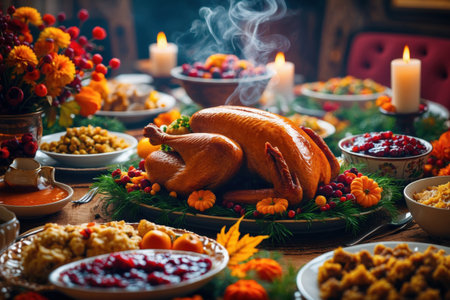 AI Generative Roasted turkey on table decorated with yellow leaves and orange pumpkins for Thanksgivingの素材