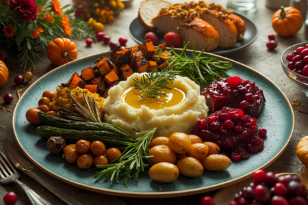 AI Generative Traditional festive Thanksgiving dinner with various dishes and food on decorated tableの素材