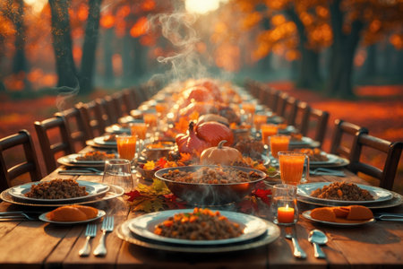 AI Generative Traditional festive Thanksgiving dinner with various dishes and food on decorated tableの素材