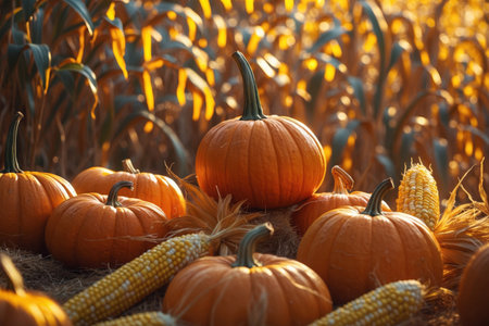 AI Generative Thanksgiving postcard card copy spacetext on autumn background of colorful pumpkins on farmの素材