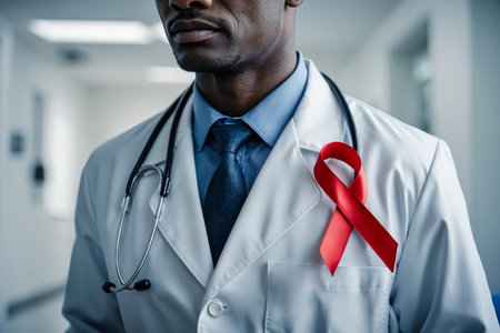 AI Generative Portrait of Man Doctor in White Coat with Red Ribbon Symbol help of AIDS Day fight HIV medical illnessの素材