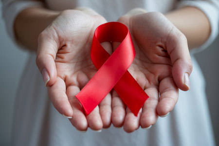 AI Generative Woman Person Holding Red Ribbon Symbol help of AIDS Day fight HIV medical illnessの素材