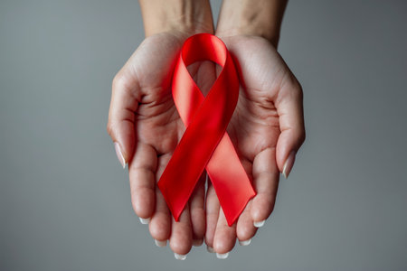 AI Generative Woman Person Holding Red Ribbon Symbol help of AIDS Day fight HIV medical illnessの素材