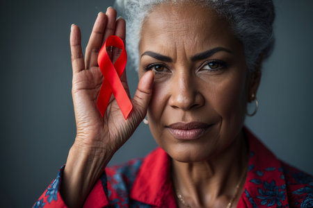 AI Generative Woman Person Holding Red Ribbon Symbol help of AIDS Day fight HIV medical illnessの素材