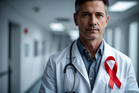 AI Generative Portrait of Man Doctor in White Coat with Red Ribbon Symbol help of AIDS Day fight HIV medical illnessの素材