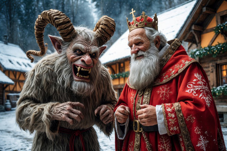 AI Generative Christmas heroes Saint Nicholas and spooky monster Krampus on winter celebration dayの素材