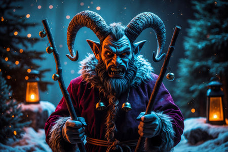 AI Generative Christmas Austrian and German hero spooky monster Krampus on winter celebration nightの素材