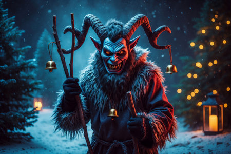 AI Generative Christmas Austrian and German hero spooky monster Krampus on winter celebration nightの素材