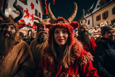 AI Generative Christmas Krampusnacht night Holiday Parade people in suits spooky monster Krampusの素材