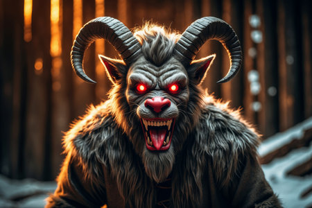 AI Generative Christmas Austrian and German hero spooky monster Krampus on winter celebration nightの素材
