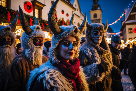 AI Generative Christmas Krampusnacht night Holiday Parade people in suits spooky monster Krampusの素材