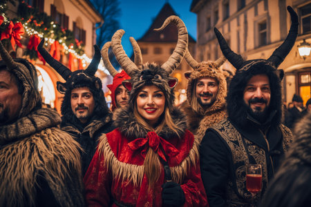 AI Generative Christmas Krampusnacht night Holiday Parade people in suits spooky monster Krampusの素材