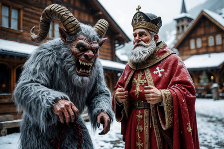 AI Generative Christmas heroes Saint Nicholas and spooky monster Krampus on winter celebration dayの素材