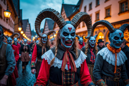 AI Generative Christmas Krampusnacht night Holiday Parade people in suits spooky monster Krampusの素材