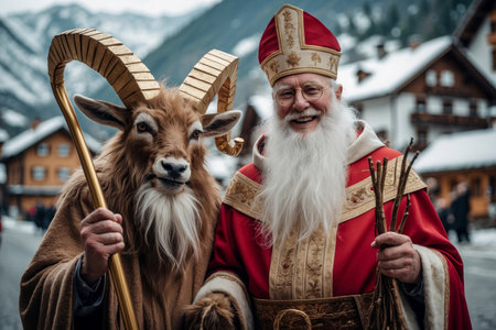 AI Generative Christmas heroes Saint Nicholas and spooky monster Krampus on winter celebration dayの素材