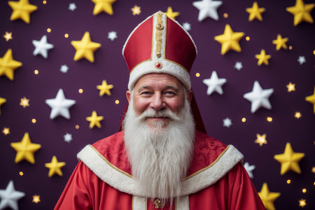 AI Generative Saint Nicholas Wonderworker elderly man in red suit on purple background with starsの素材