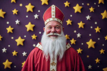 AI Generative Saint Nicholas Wonderworker elderly man in red suit on purple background with starsの素材