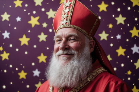 AI Generative Saint Nicholas Wonderworker elderly man in red suit on purple background with starsの素材