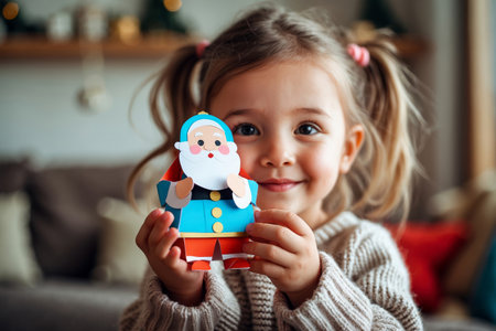 AI Generative Little cute girl holding cardboard craft of Orthodox Saint Nicholas the Wonderworkerの素材