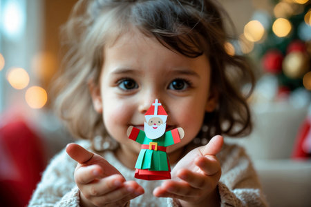 AI Generative Little cute girl holding cardboard craft of Orthodox Saint Nicholas the Wonderworkerの素材