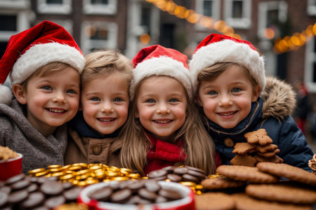 AI Generative Cute little children in red Santa hats sitting at the festive table for Saint Nicholas Day with baking cookiesの素材