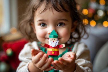 AI Generative Little cute girl holding cardboard craft of Orthodox Saint Nicholas the Wonderworkerの素材