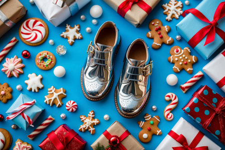 AI Generative Flat lay with children's shoes, gifts and pastries cookies on blue background for Saint Nicholas Dayの素材