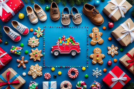 AI Generative Flat lay with children's shoes, gifts and pastries cookies on blue background for Saint Nicholas Dayの素材