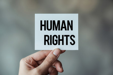 AI Generative Postcard for the International Human Rights Day, person holds poster in hand with the inscriptionの素材