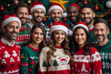 AI Generative Cheerful big group of friends, men and women in Christmas jumpers at sweaters partyの素材