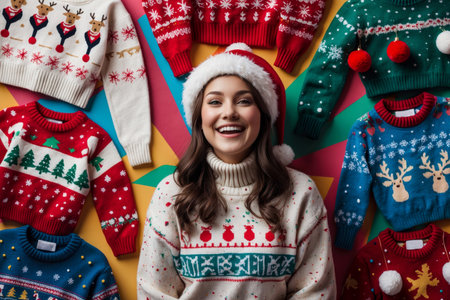 AI Generative Cute smiling young woman in funny sweater on Christmas festive jumpers backgroundの素材