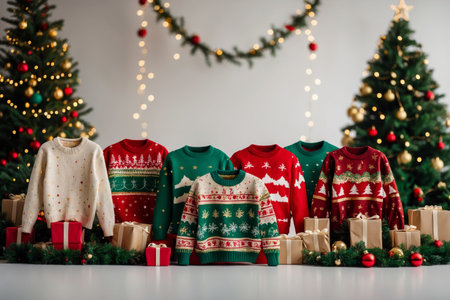 AI Generative Funny winter colored sweaters hanging on wall decorated for Christmas celebrationの素材