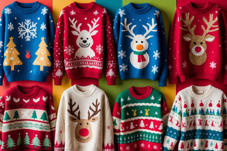 AI Generative Funny winter colored sweaters hanging on wall decorated for Christmas celebrationの素材