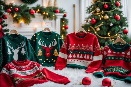 AI Generative Funny winter colored sweaters hanging on wall decorated for Christmas celebrationの素材