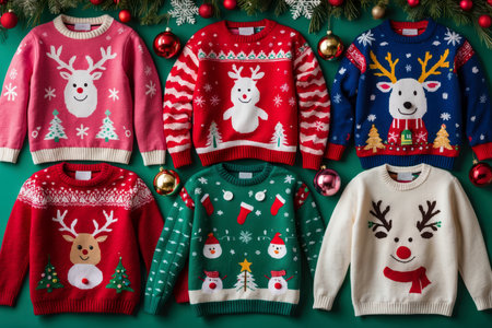 AI Generative Funny winter colored sweaters hanging on wall decorated for Christmas celebrationの素材
